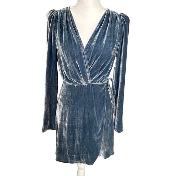 Reformation blue gray holiday velvet Chrissy wrap silk blend mini dress size S - Picture 1 of 8